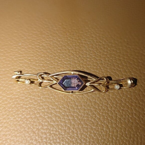 10K Yellow Gold Antique Brooch Purple Crystal Glass Stone Seed Pearls - Picture 11 of 11